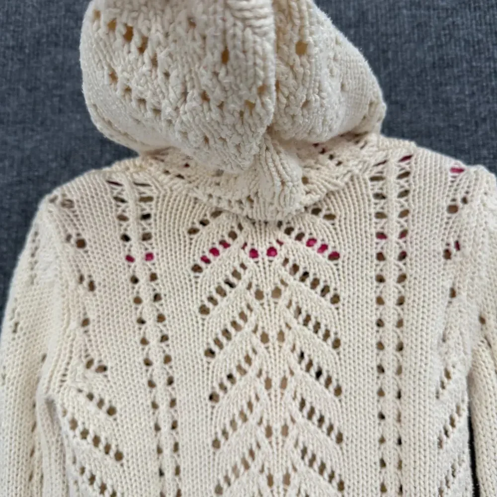 Vintage Old Navy Girls Chunky Open Knit Hooded Sweater Size S Cream Button Front